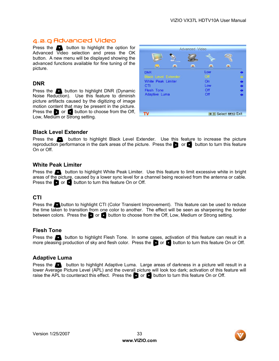 9 advanced video | Vizio VX37LHDTV10A User Manual | Page 33 / 57