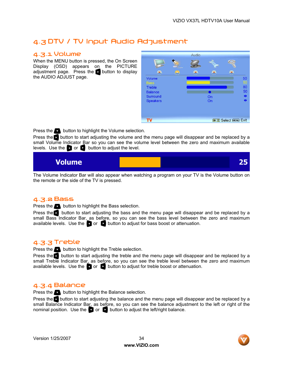 3 dtv / tv input audio adjustment | Vizio VX37LHDTV10A User Manual | Page 34 / 57