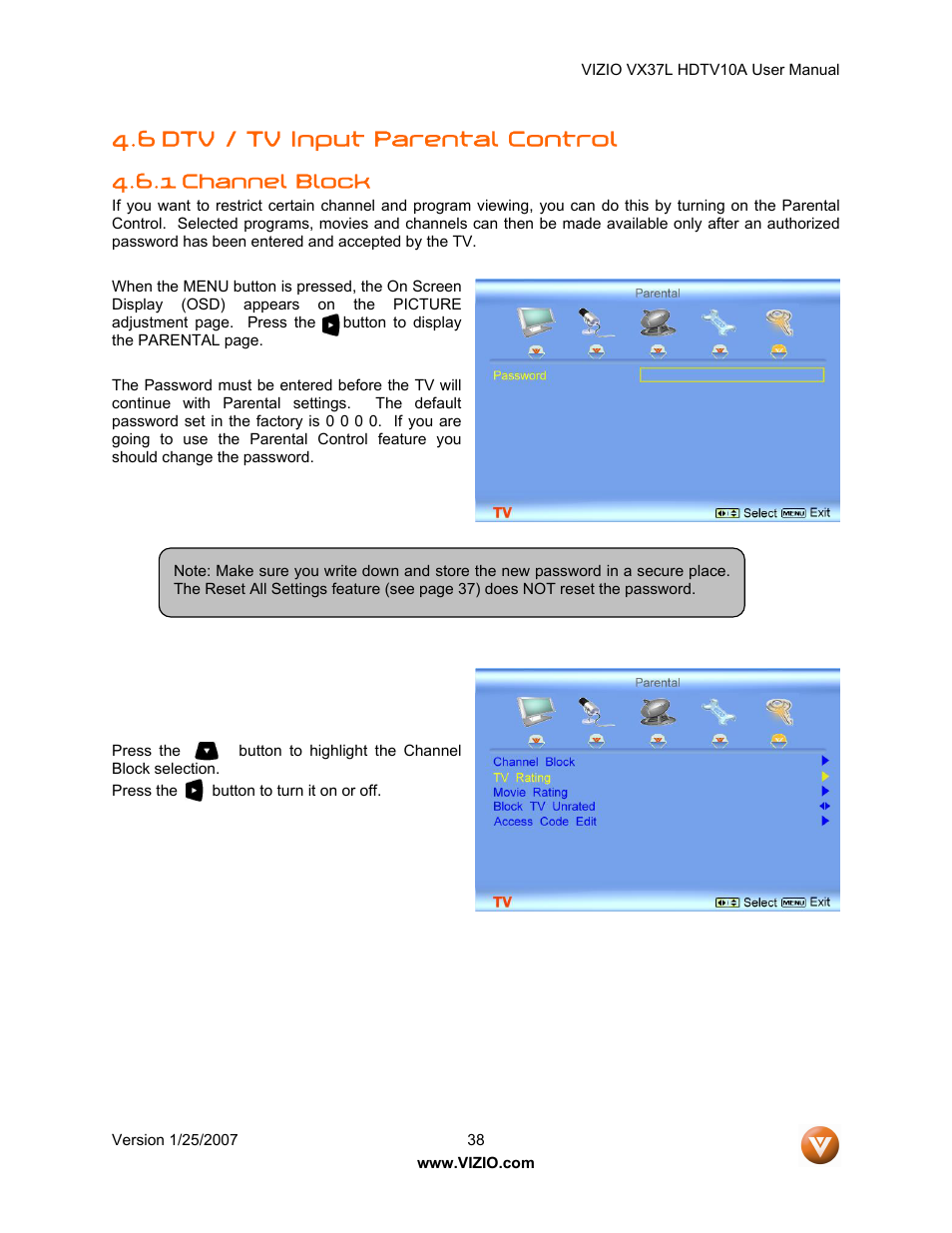 6 dtv / tv input parental control | Vizio VX37LHDTV10A User Manual | Page 38 / 57