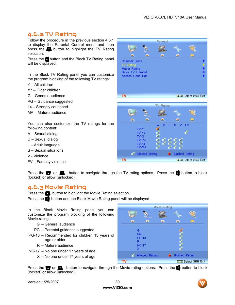 2 tv rating, 3 movie rating | Vizio VX37LHDTV10A User Manual | Page 39 / 57