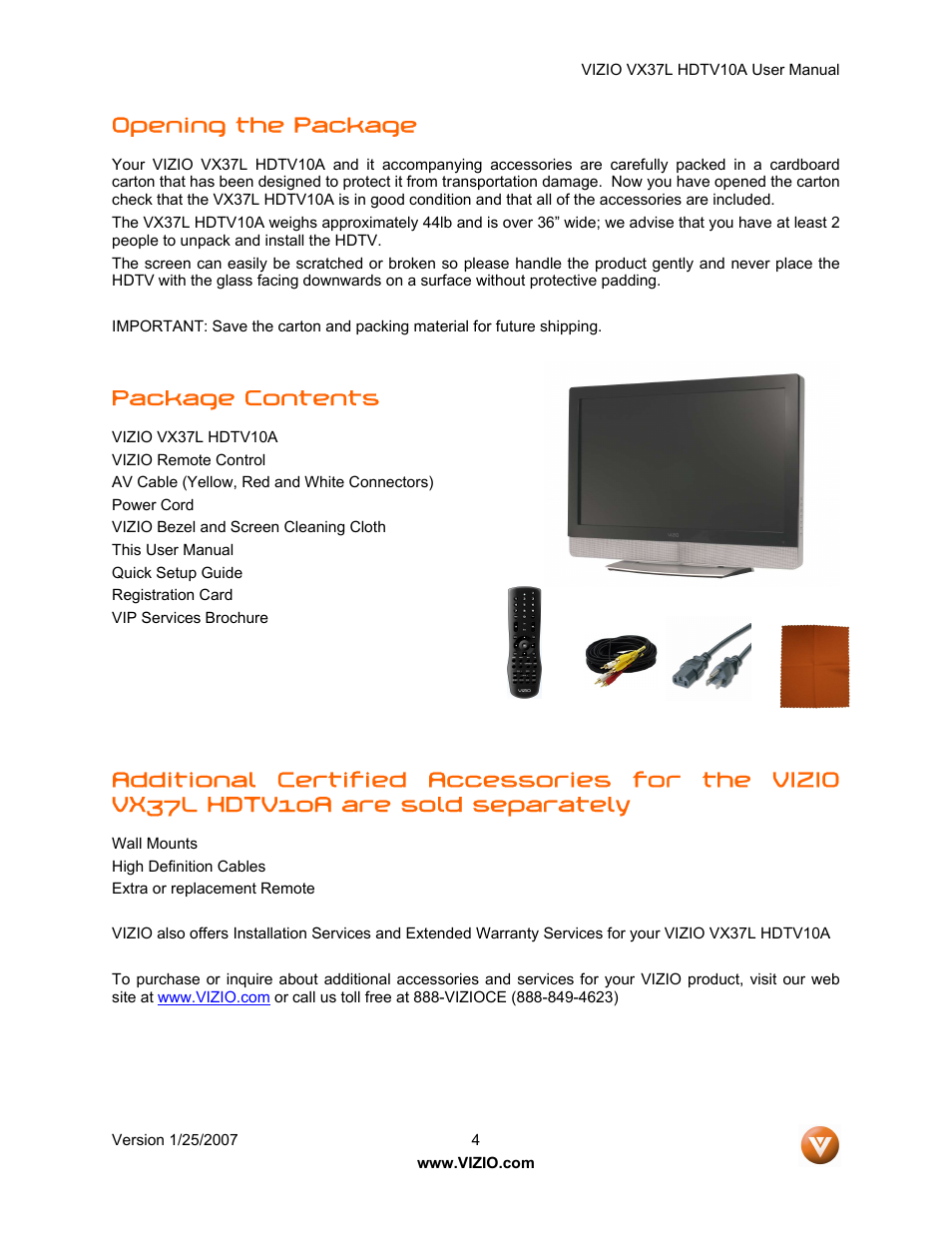 Opening the package, Package contents | Vizio VX37LHDTV10A User Manual | Page 4 / 57