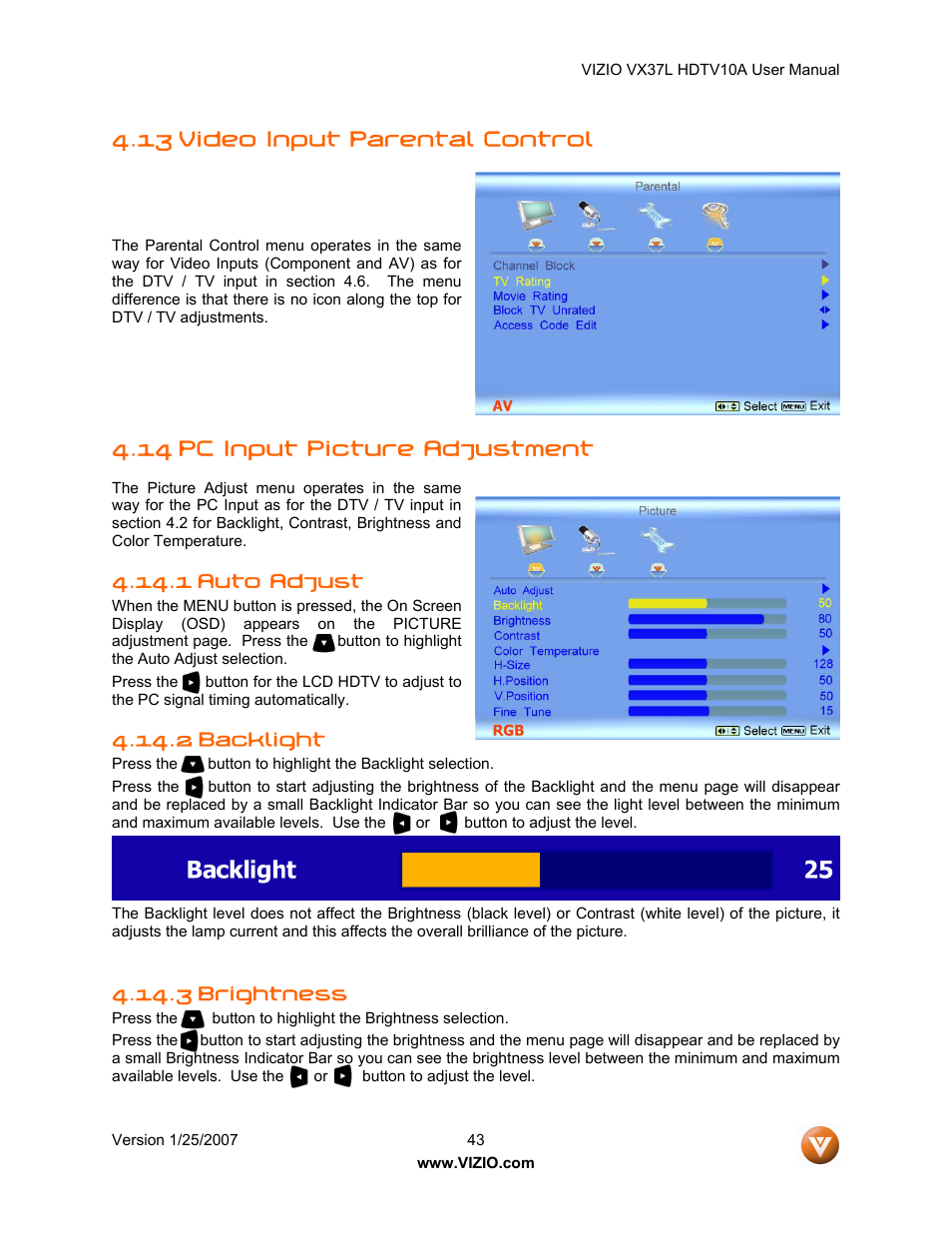13 video input parental control, 14 pc input picture adjustment | Vizio VX37LHDTV10A User Manual | Page 43 / 57