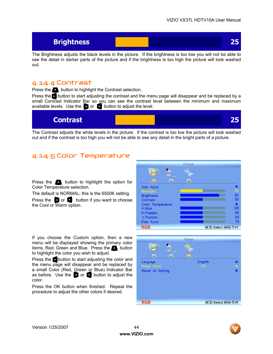 4 contrast, 5 color temperature | Vizio VX37LHDTV10A User Manual | Page 44 / 57