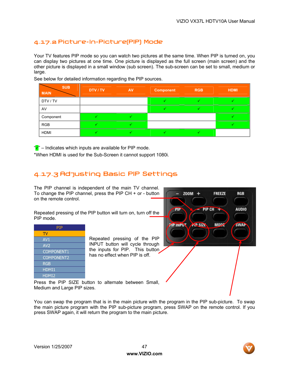 3 adjusting basic pip settings, 2 picture-in-picture(pip) mode | Vizio VX37LHDTV10A User Manual | Page 47 / 57