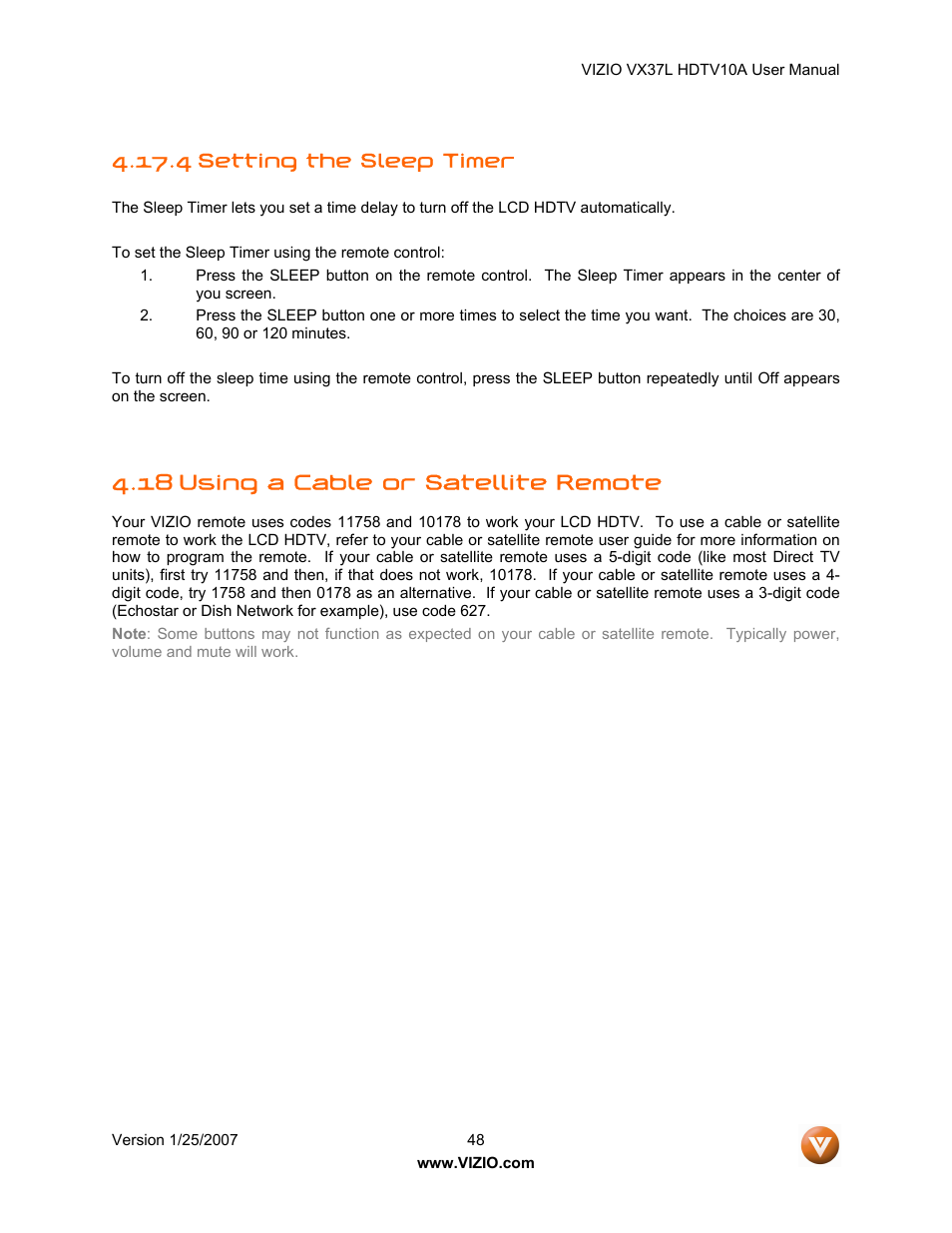 18 using a cable or satellite remote, 4 setting the sleep timer | Vizio VX37LHDTV10A User Manual | Page 48 / 57