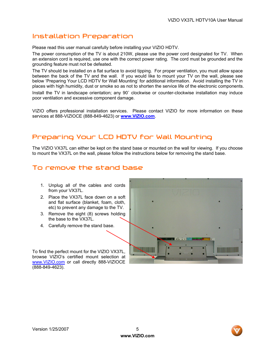 Installation preparation, Preparing your lcd hdtv for wall mounting | Vizio VX37LHDTV10A User Manual | Page 5 / 57