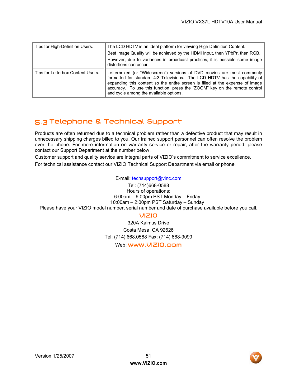 3 telephone & technical support | Vizio VX37LHDTV10A User Manual | Page 51 / 57