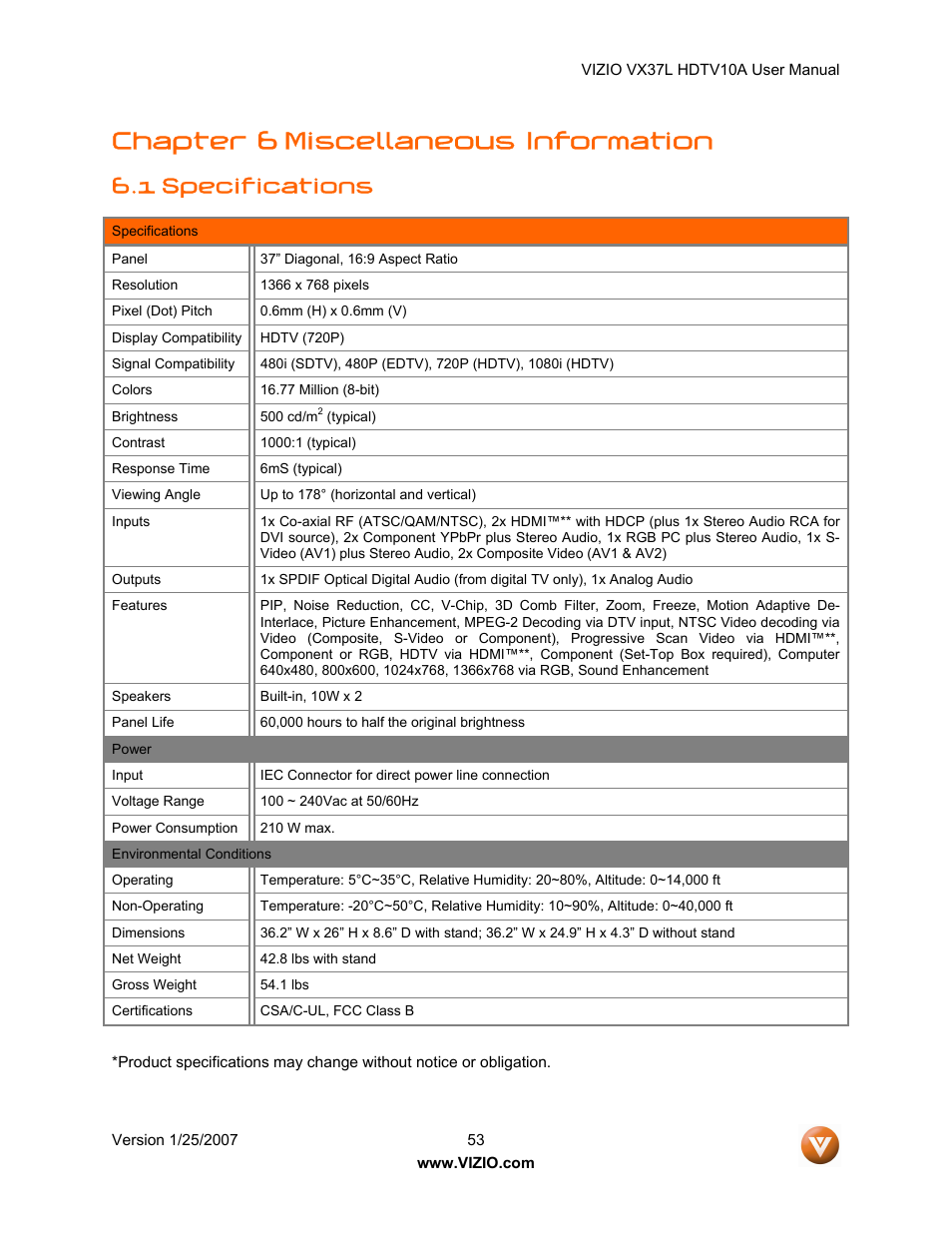 Chapter 6 miscellaneous information, 1 specifications | Vizio VX37LHDTV10A User Manual | Page 53 / 57