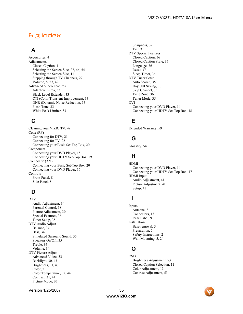3 index a | Vizio VX37LHDTV10A User Manual | Page 55 / 57