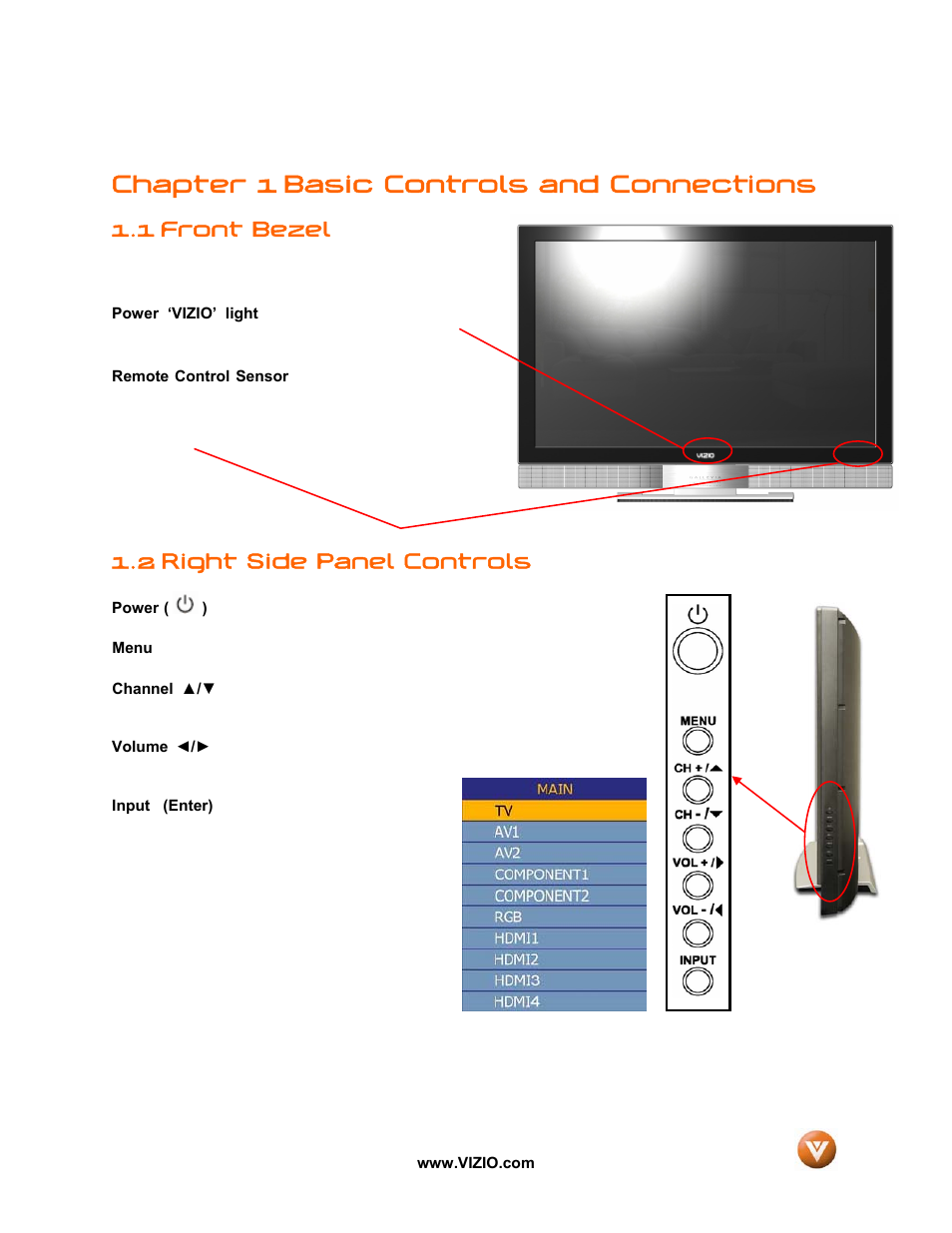 Chapter 1 basic controls and connections, Front bezel, 2 right side panel controls | 1 front bezel | Vizio GV52L FHDTV10A User Manual | Page 11 / 80