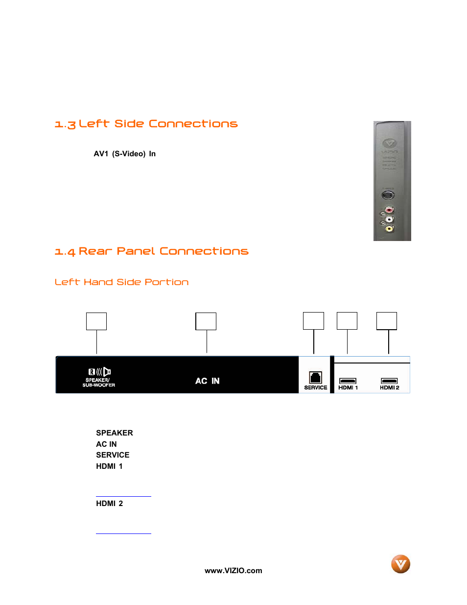 Left side connections, 4 rear panel connections, 3 left side connections | Vizio GV52L FHDTV10A User Manual | Page 12 / 80