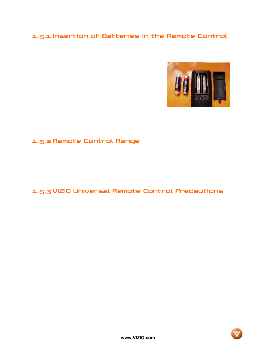 1 insertion of batteries in the remote control, 2 remote control range, 3 vizio universal remote control precautions | Vizio GV52L FHDTV10A User Manual | Page 18 / 80