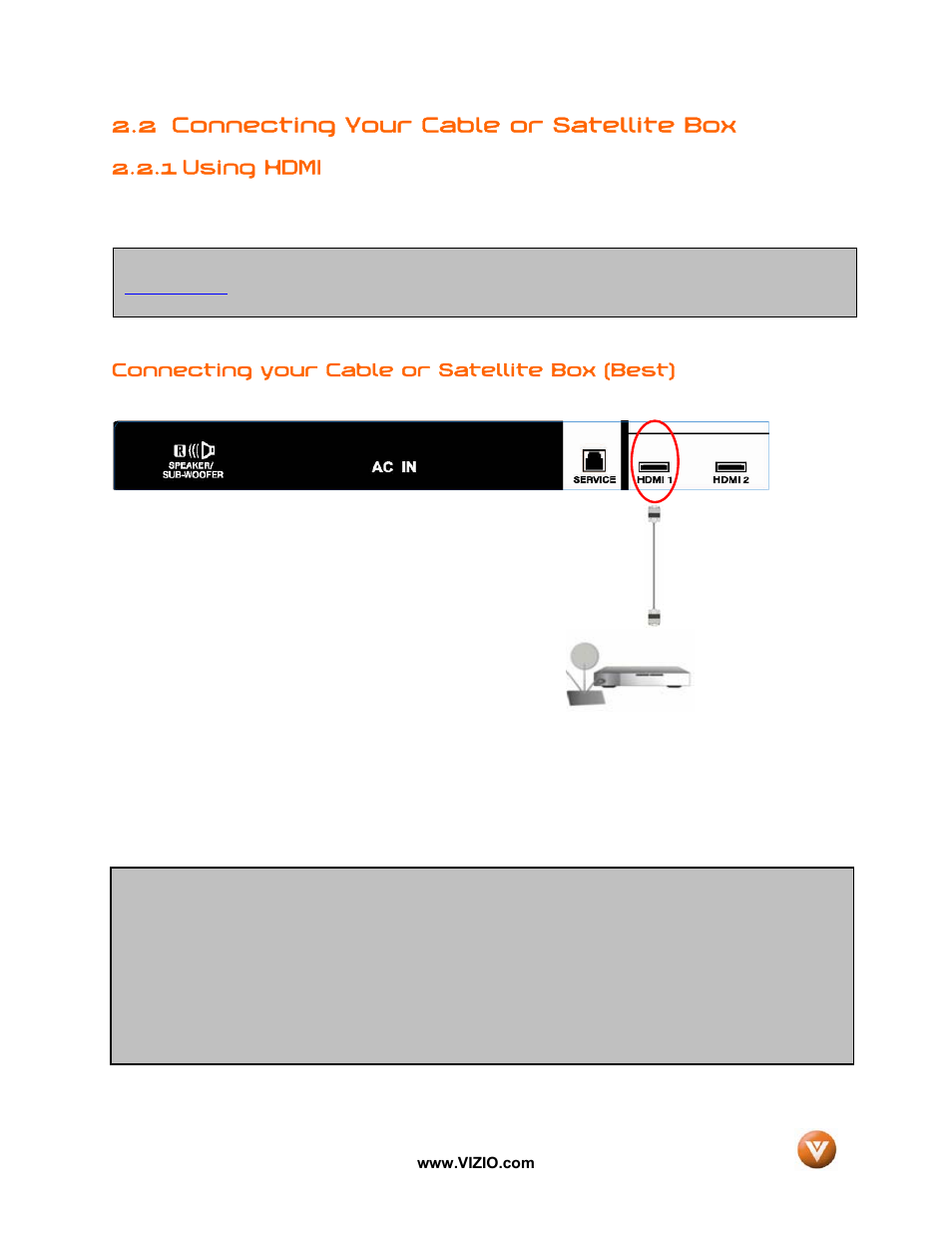 2 connecting your cable or satellite box, 1 using hdmi | Vizio GV52L FHDTV10A User Manual | Page 20 / 80