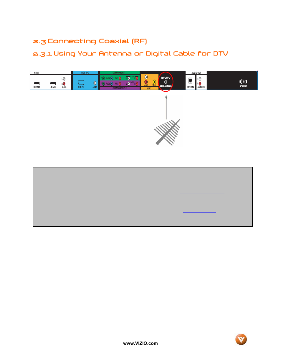 3 connecting coaxial (rf), 1 using your antenna or digital cable for dtv | Vizio GV52L FHDTV10A User Manual | Page 23 / 80