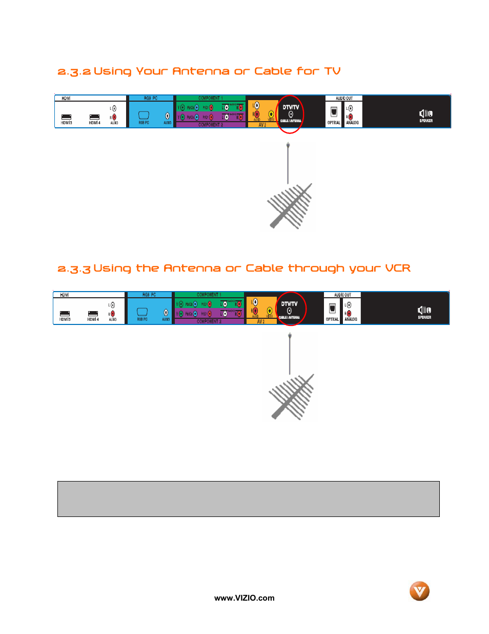 2 using your antenna or cable for tv, 3 using the antenna or cable through your vcr | Vizio GV52L FHDTV10A User Manual | Page 24 / 80