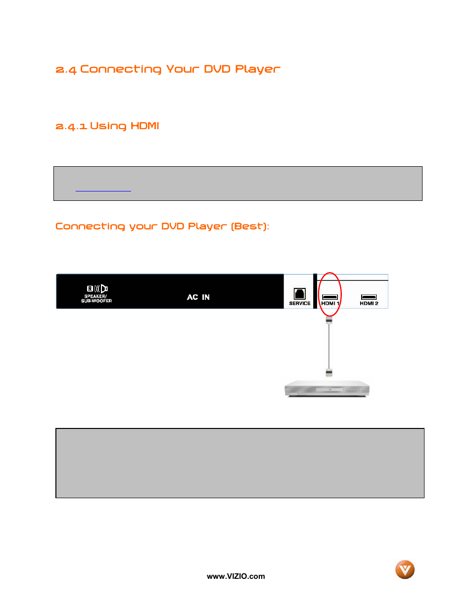 4 connecting your dvd player, 1 using hdmi | Vizio GV52L FHDTV10A User Manual | Page 25 / 80