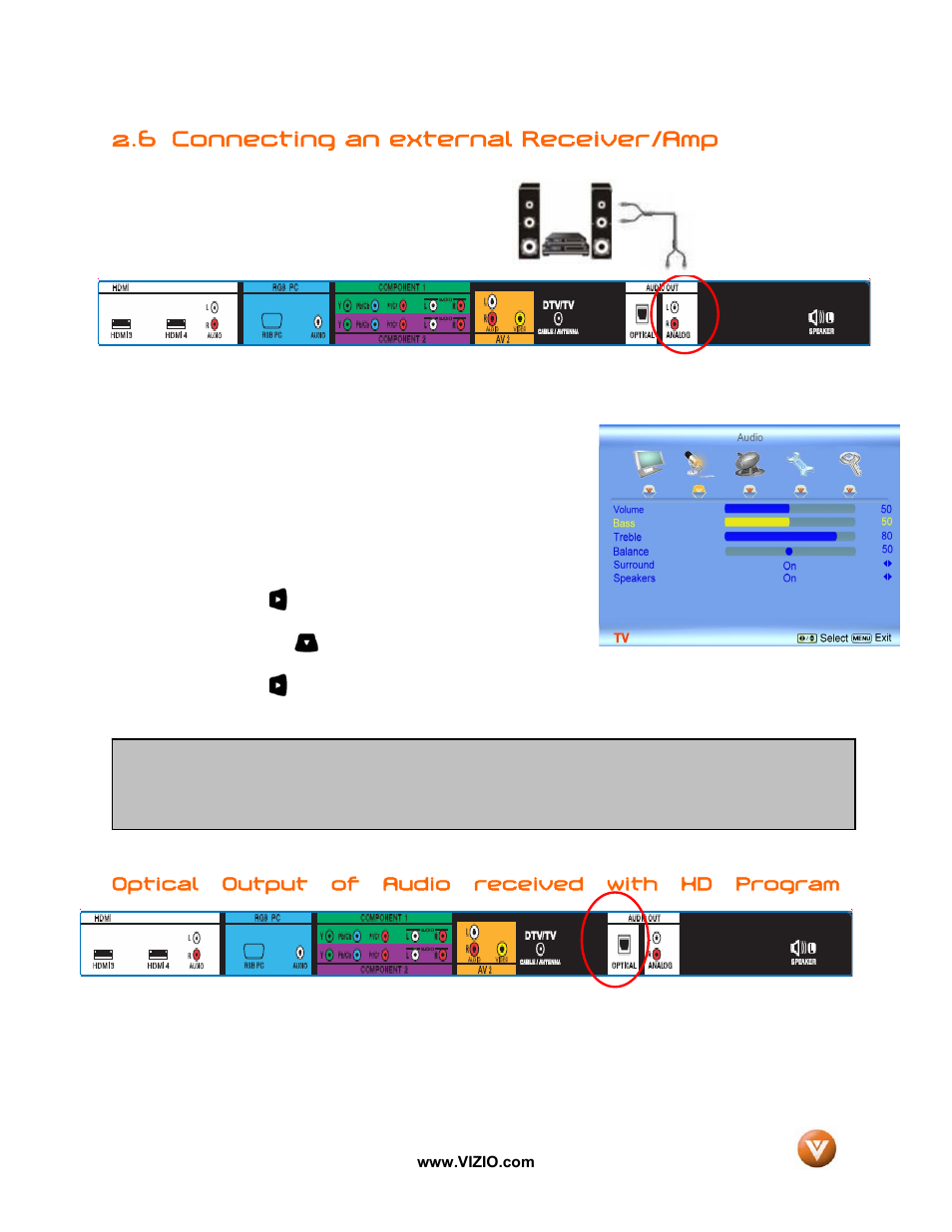 6 connecting an external receiver/amp | Vizio GV52L FHDTV10A User Manual | Page 31 / 80