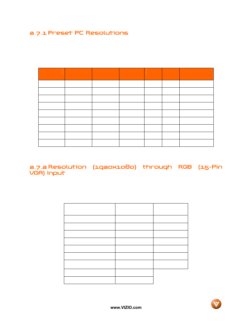 1 preset pc resolutions | Vizio GV52L FHDTV10A User Manual | Page 33 / 80