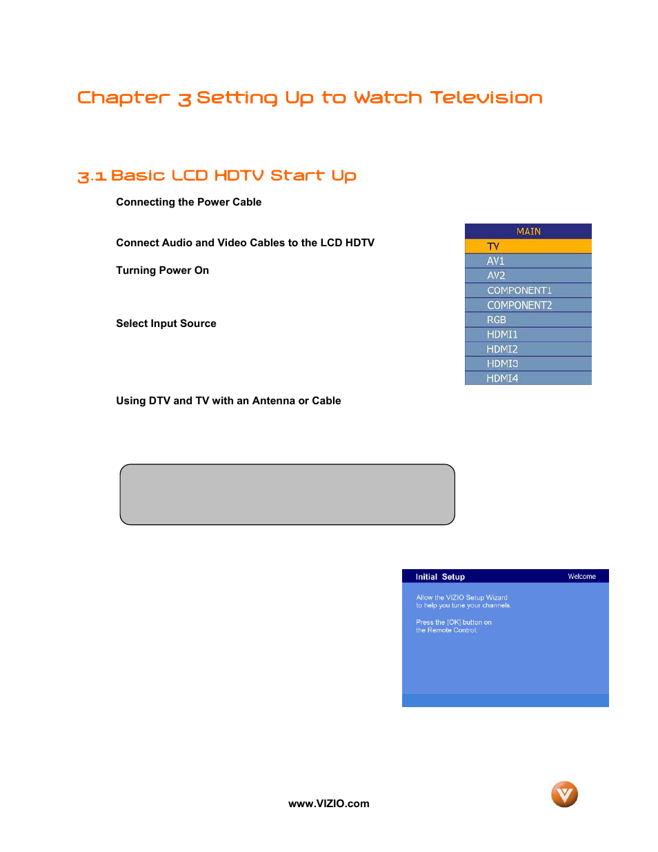 Chapter 3 setting up to watch television, 1 basic lcd hdtv start up | Vizio GV52L FHDTV10A User Manual | Page 34 / 80