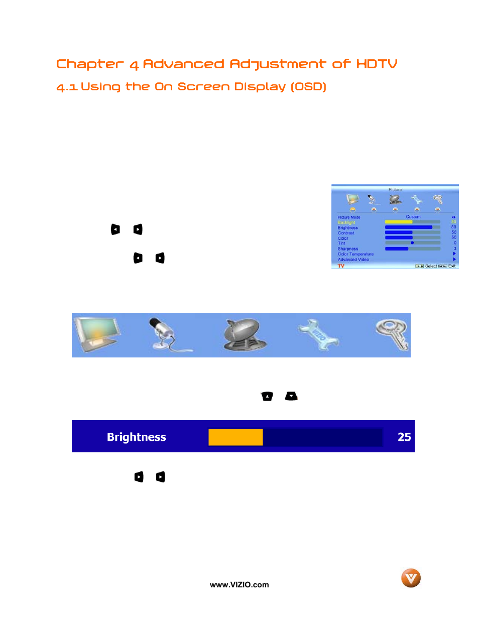 Chapter 4 advanced adjustment of hdtv, 1 using the on screen display (osd) | Vizio GV52L FHDTV10A User Manual | Page 39 / 80
