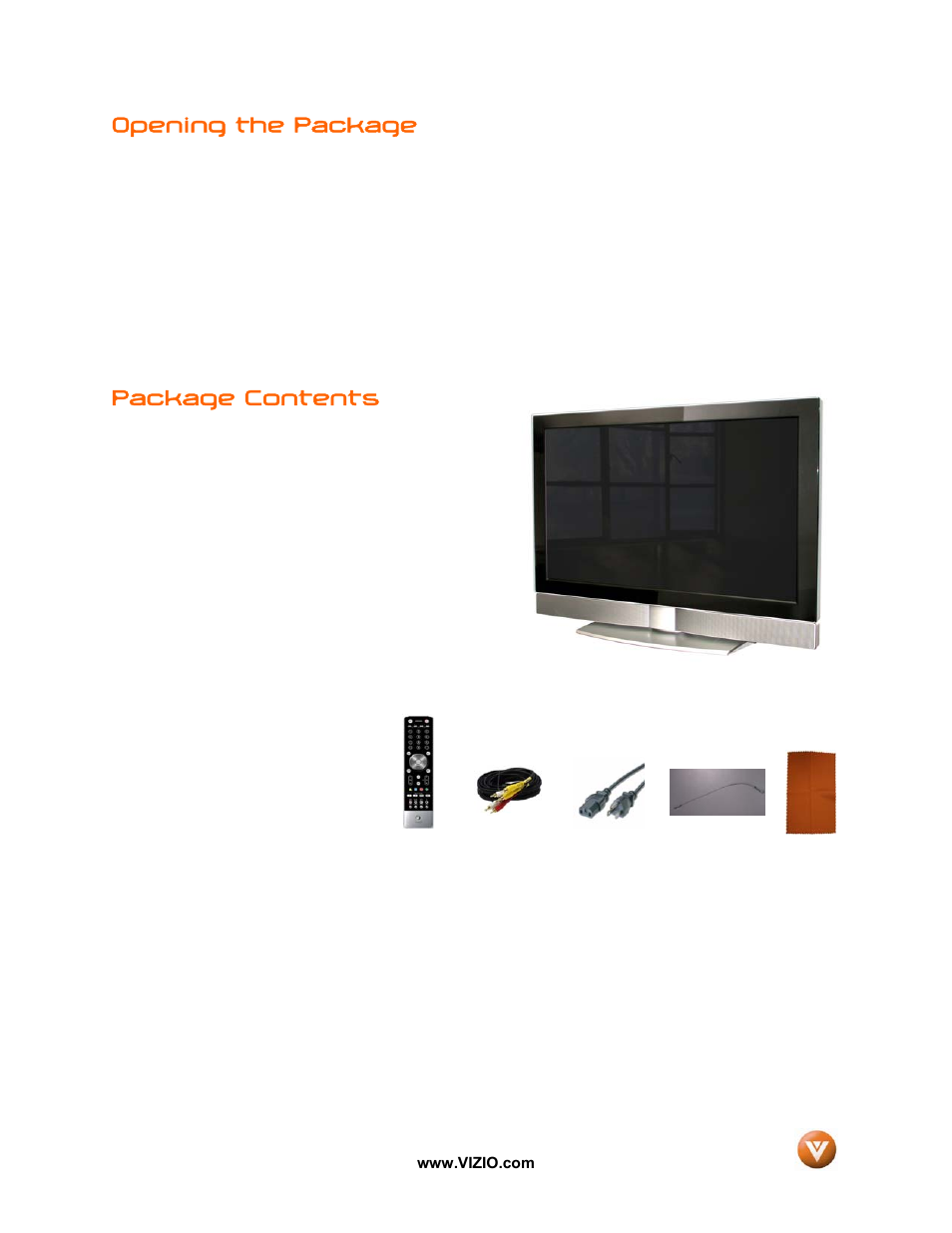 Opening the package, Package contents | Vizio GV52L FHDTV10A User Manual | Page 4 / 80
