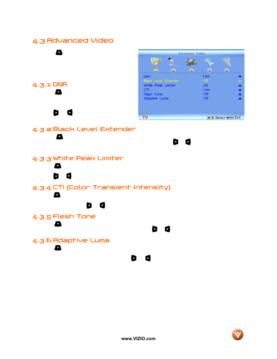3 advanced video, 1 dnr, 2 black level extender | 3 white peak limiter, 4 cti (color transient intensity), 5 flesh tone, 6 adaptive luma | Vizio GV52L FHDTV10A User Manual | Page 43 / 80