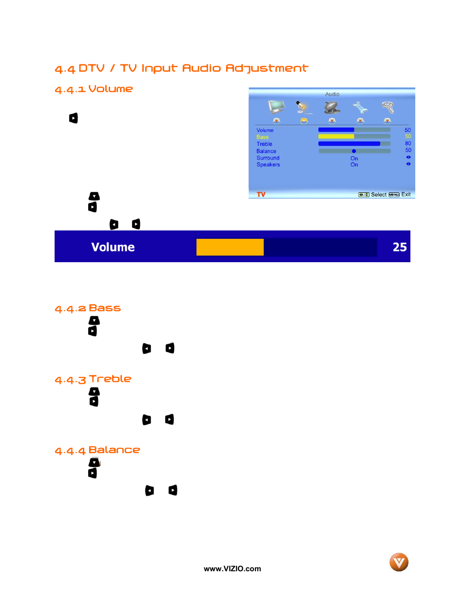 4 dtv / tv input audio adjustment, Volume, 2 bass | 3 treble, Balance, 1 volume, 4 balance | Vizio GV52L FHDTV10A User Manual | Page 44 / 80