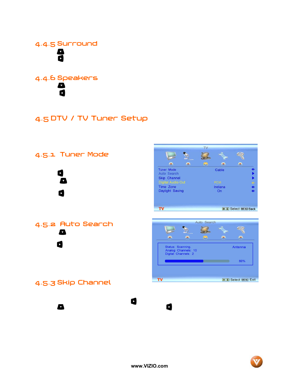 5 surround, Speakers, 5 dtv / tv tuner setup | 1 tuner mode, Auto search, 3 skip channel, 6 speakers, 2 auto search | Vizio GV52L FHDTV10A User Manual | Page 45 / 80