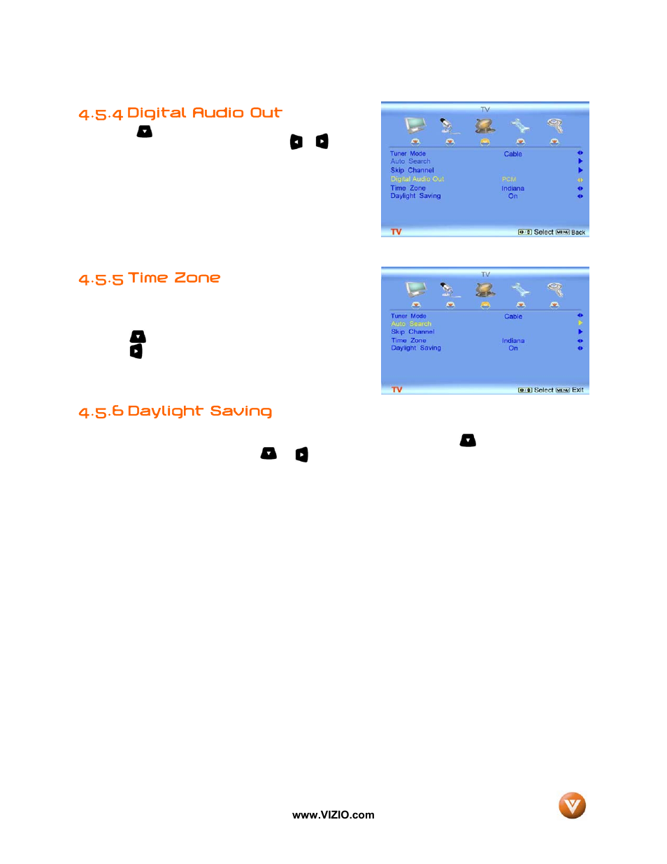 Digital audio out, Time zone, 6 daylight saving | 4 digital audio out, 5 time zone | Vizio GV52L FHDTV10A User Manual | Page 46 / 80