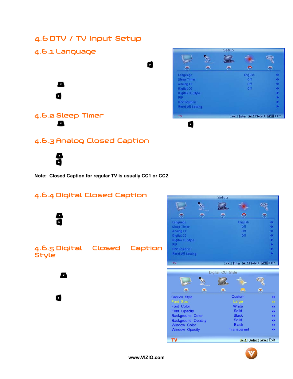 6 dtv / tv input setup, Language, 2 sleep timer | 3 analog closed caption, Digital closed caption, 5 digital closed caption style, 1 language, 4 digital closed caption | Vizio GV52L FHDTV10A User Manual | Page 47 / 80