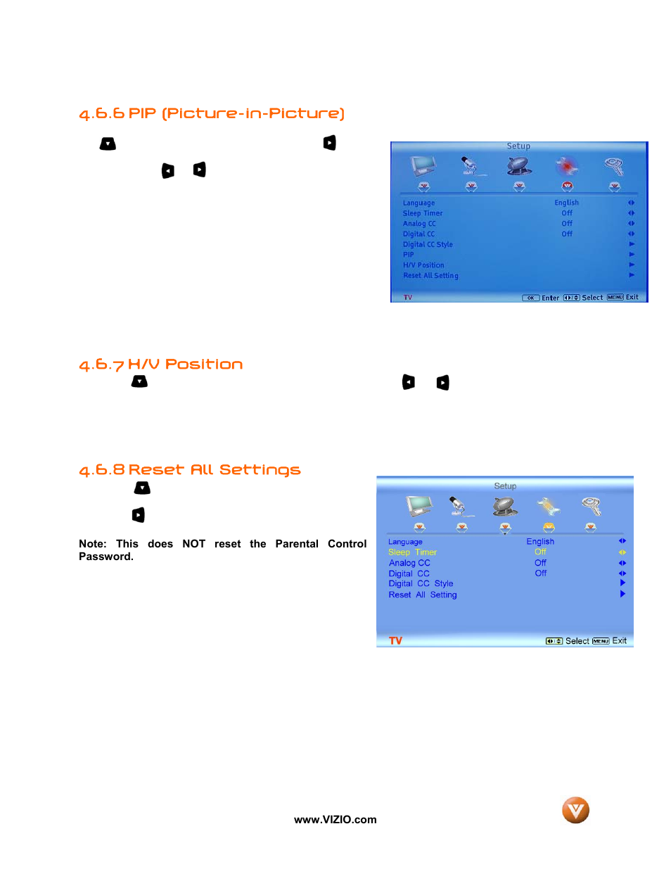 6 pip (picture-in-picture), 7 h/v position, Reset all settings | 8 reset all settings | Vizio GV52L FHDTV10A User Manual | Page 48 / 80