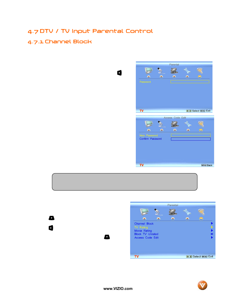 7 dtv / tv input parental control, 1 channel block | Vizio GV52L FHDTV10A User Manual | Page 49 / 80