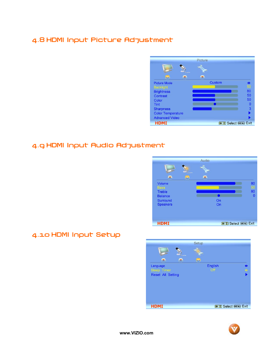 8 hdmi input picture adjustment, Hdmi input audio adjustment, Hdmi input setup | 9 hdmi input audio adjustment, 10 hdmi input setup | Vizio GV52L FHDTV10A User Manual | Page 52 / 80