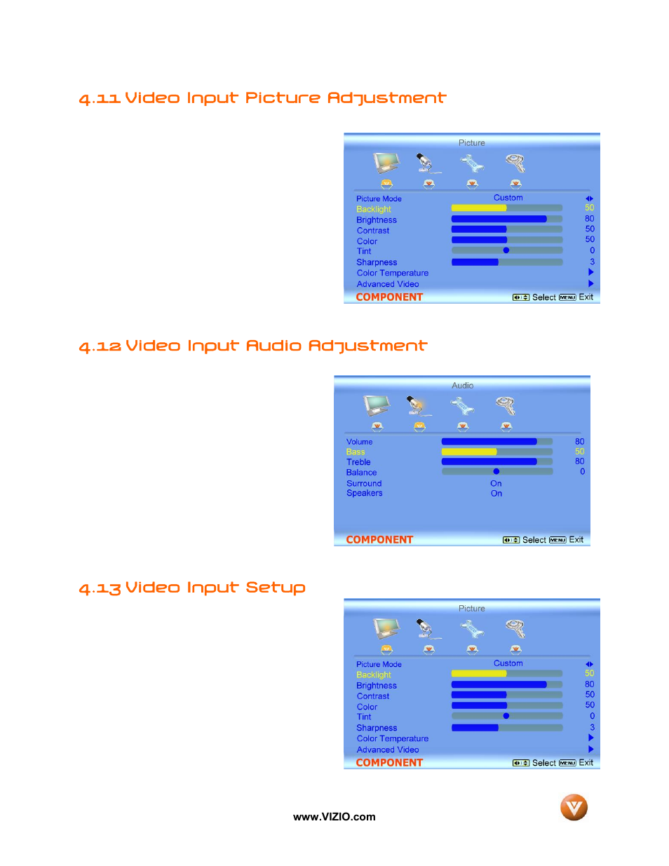 11 video input picture adjustment, Video input audio adjustment, Video input setup | 12 video input audio adjustment, 13 video input setup | Vizio GV52L FHDTV10A User Manual | Page 53 / 80