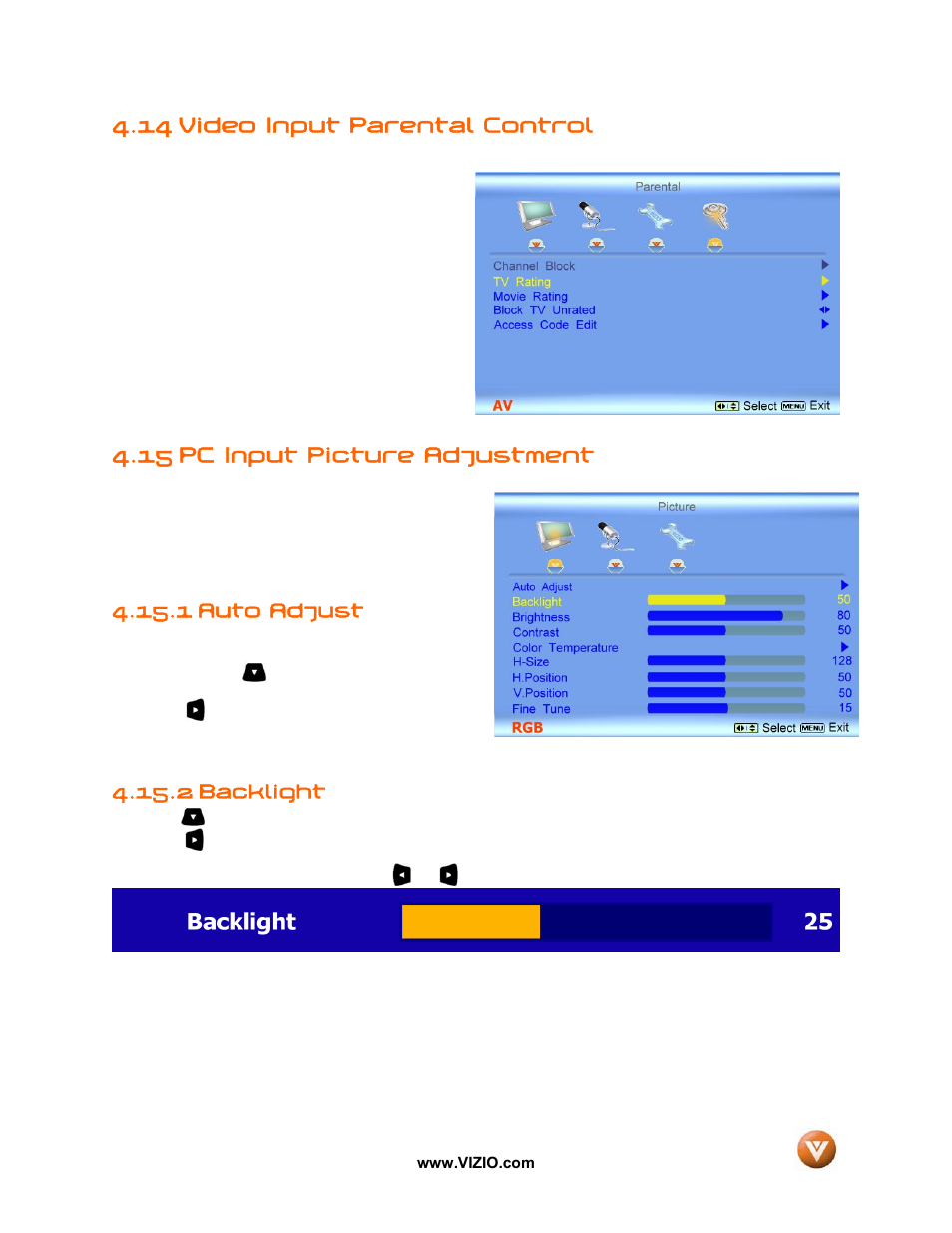 14 video input parental control, 15 pc input picture adjustment, 1 auto adjust | 2 backlight | Vizio GV52L FHDTV10A User Manual | Page 54 / 80