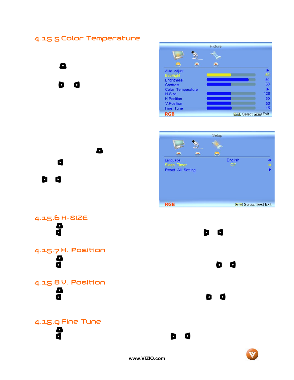 Color temperature, 6 h-size, 7 h. position | 8 v. position, 9 fine tune, 5 color temperature | Vizio GV52L FHDTV10A User Manual | Page 56 / 80