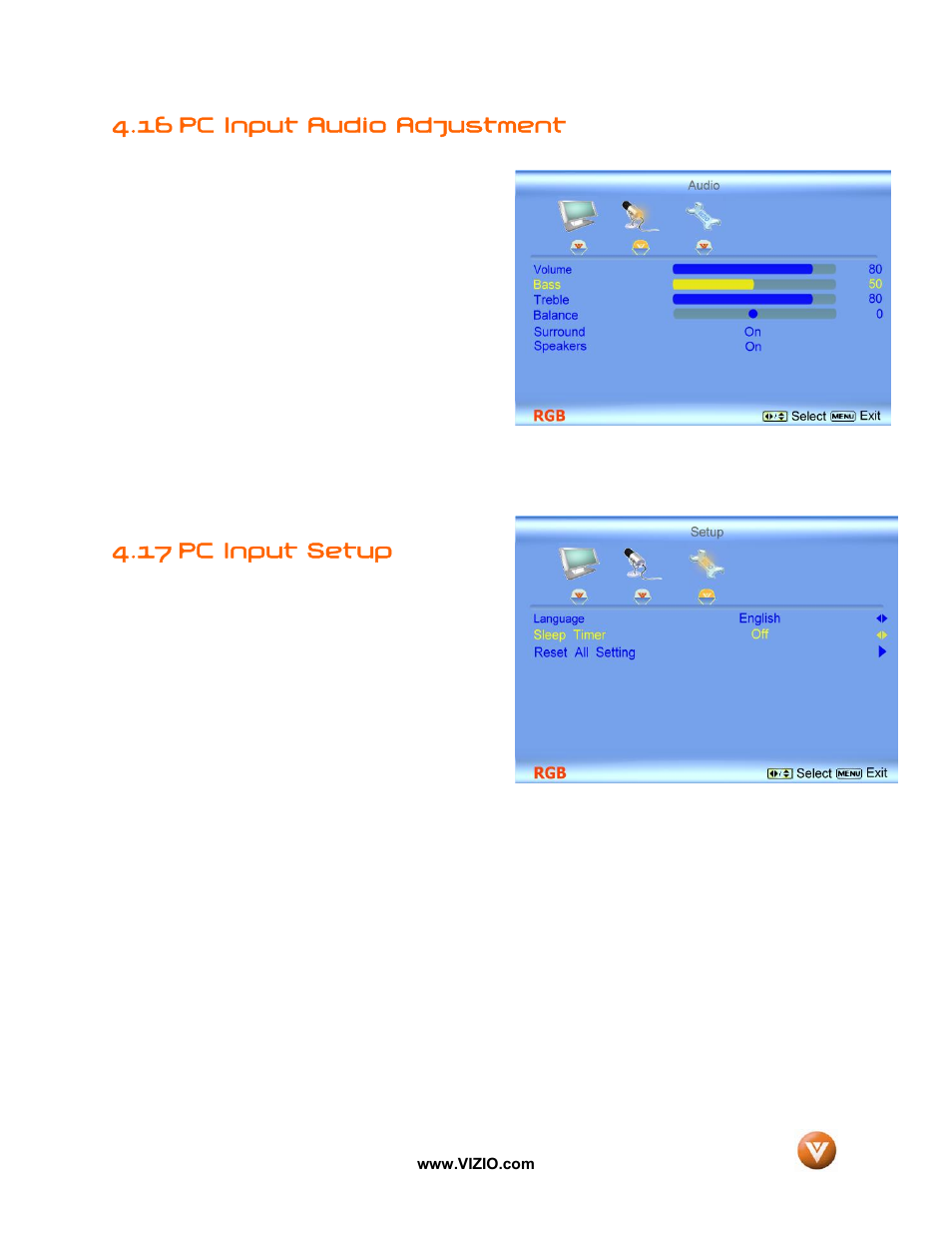 16 pc input audio adjustment, 17 pc input setup | Vizio GV52L FHDTV10A User Manual | Page 57 / 80