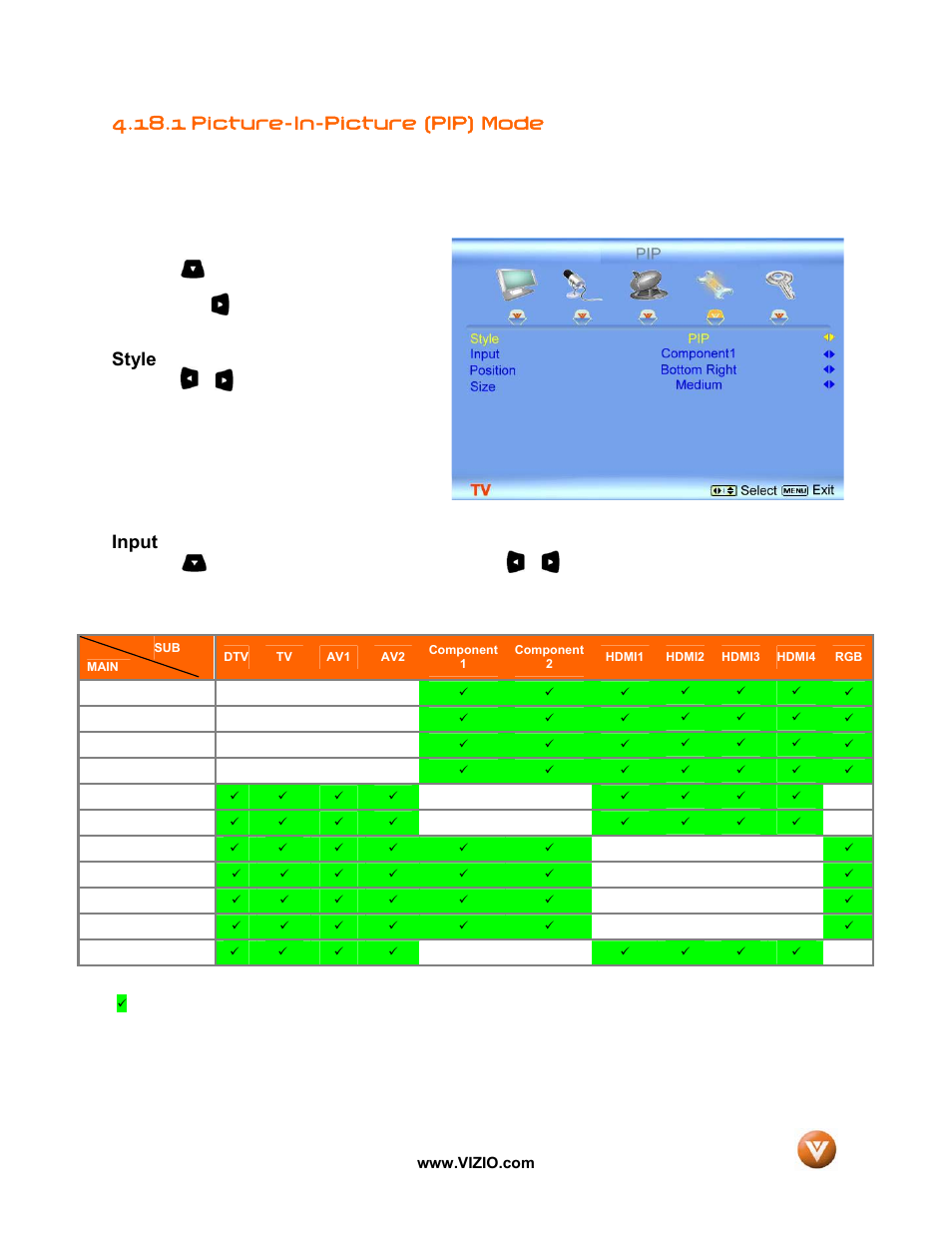 1 picture-in-picture (pip) mode, Style, Input | Vizio GV52L FHDTV10A User Manual | Page 59 / 80