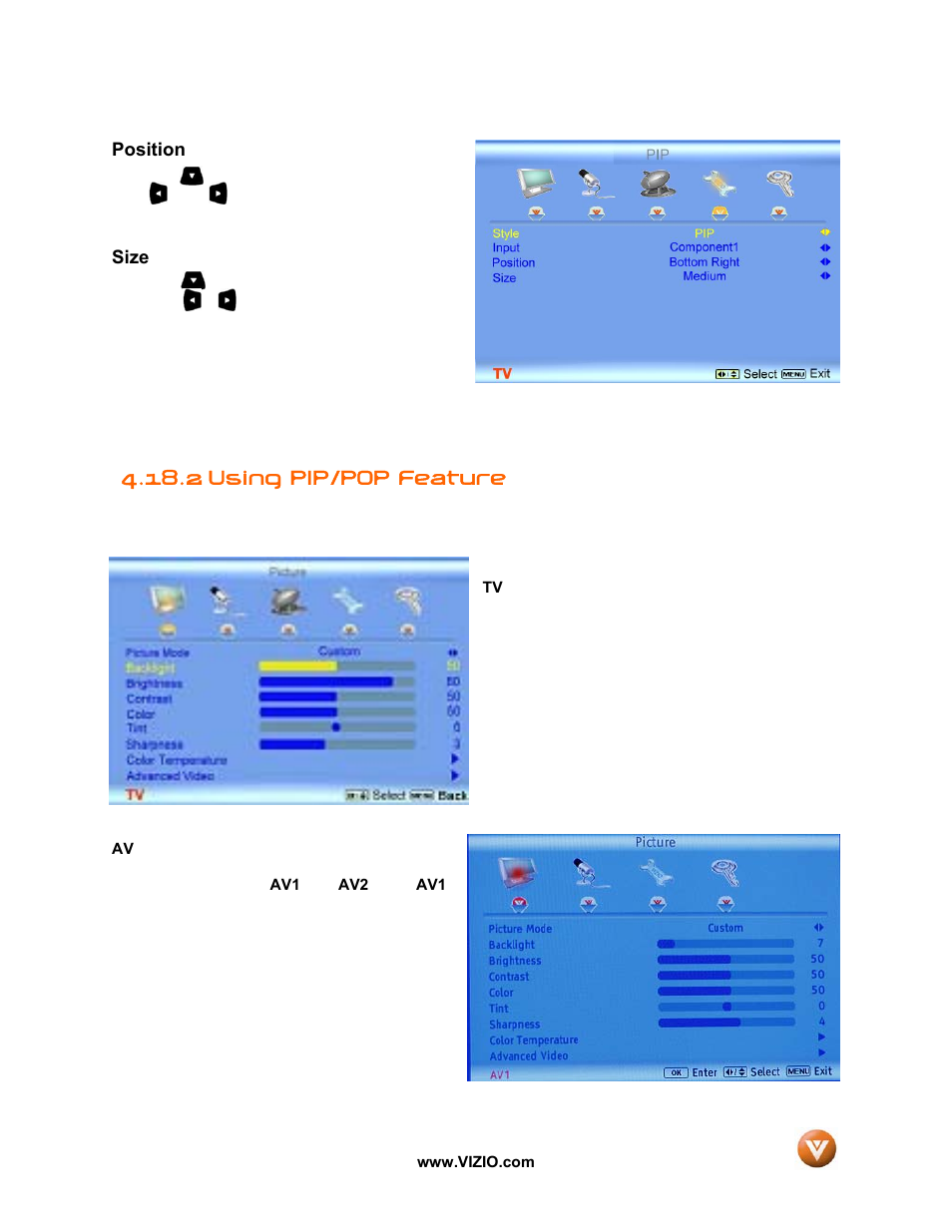 Position, Size, 2 using pip/pop feature | Vizio GV52L FHDTV10A User Manual | Page 60 / 80