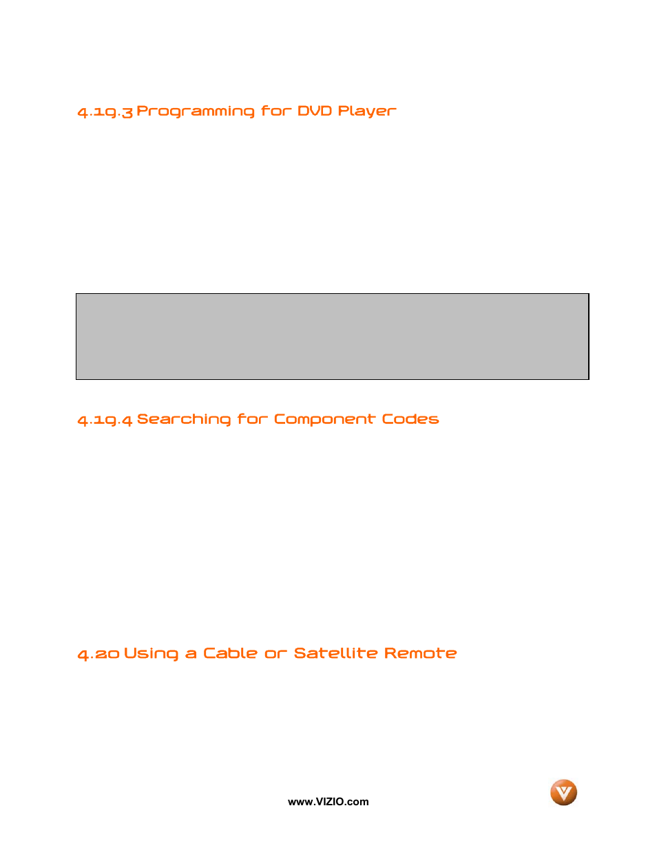 3 programming for dvd player, 4 searching for component codes, 20 using a cable or satellite remote | Vizio GV52L FHDTV10A User Manual | Page 64 / 80
