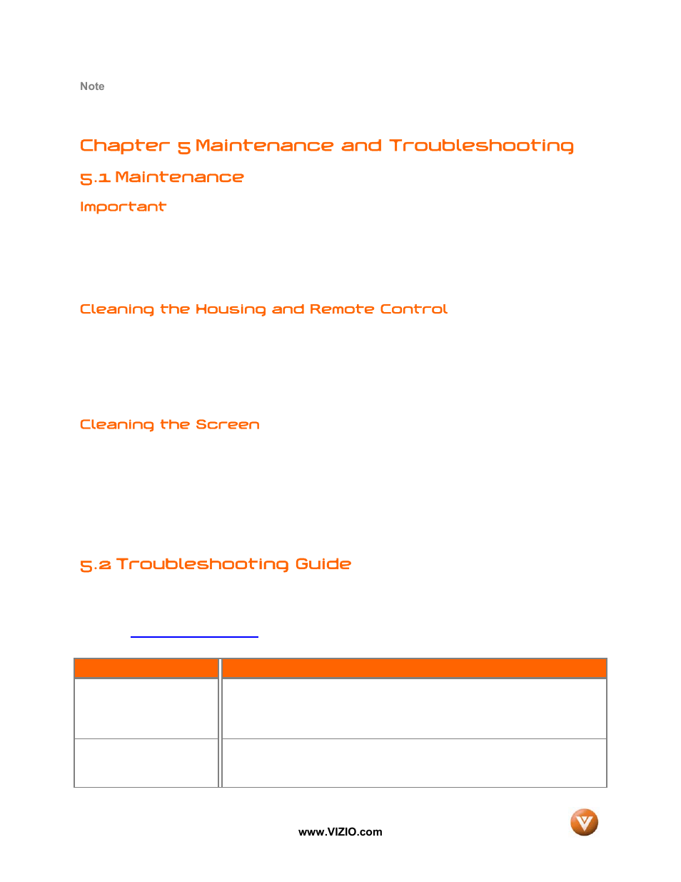 Chapter 5 maintenance and troubleshooting, 1 maintenance, 2 troubleshooting guide | Vizio GV52L FHDTV10A User Manual | Page 65 / 80