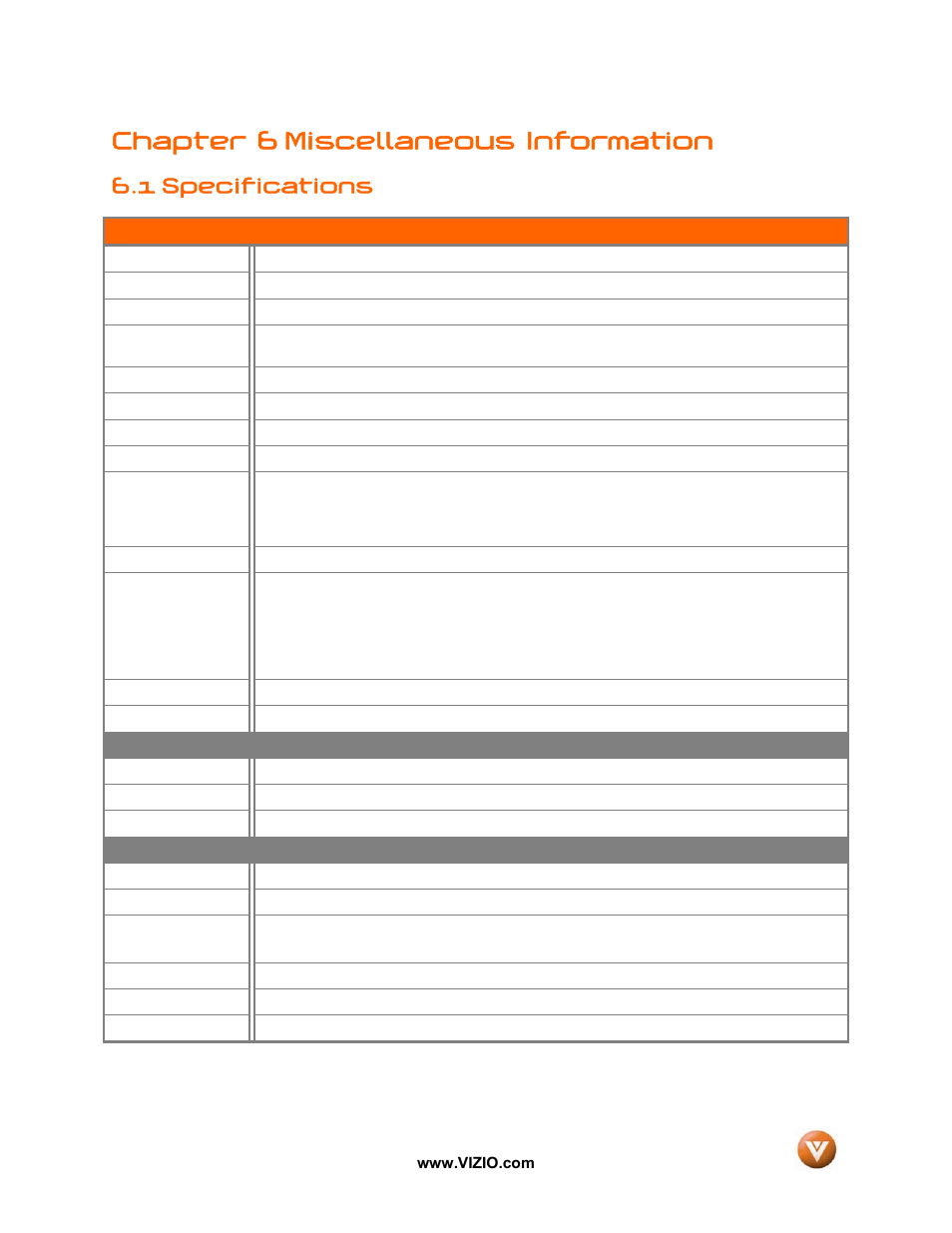 Chapter 6 miscellaneous information, 1 specifications | Vizio GV52L FHDTV10A User Manual | Page 69 / 80
