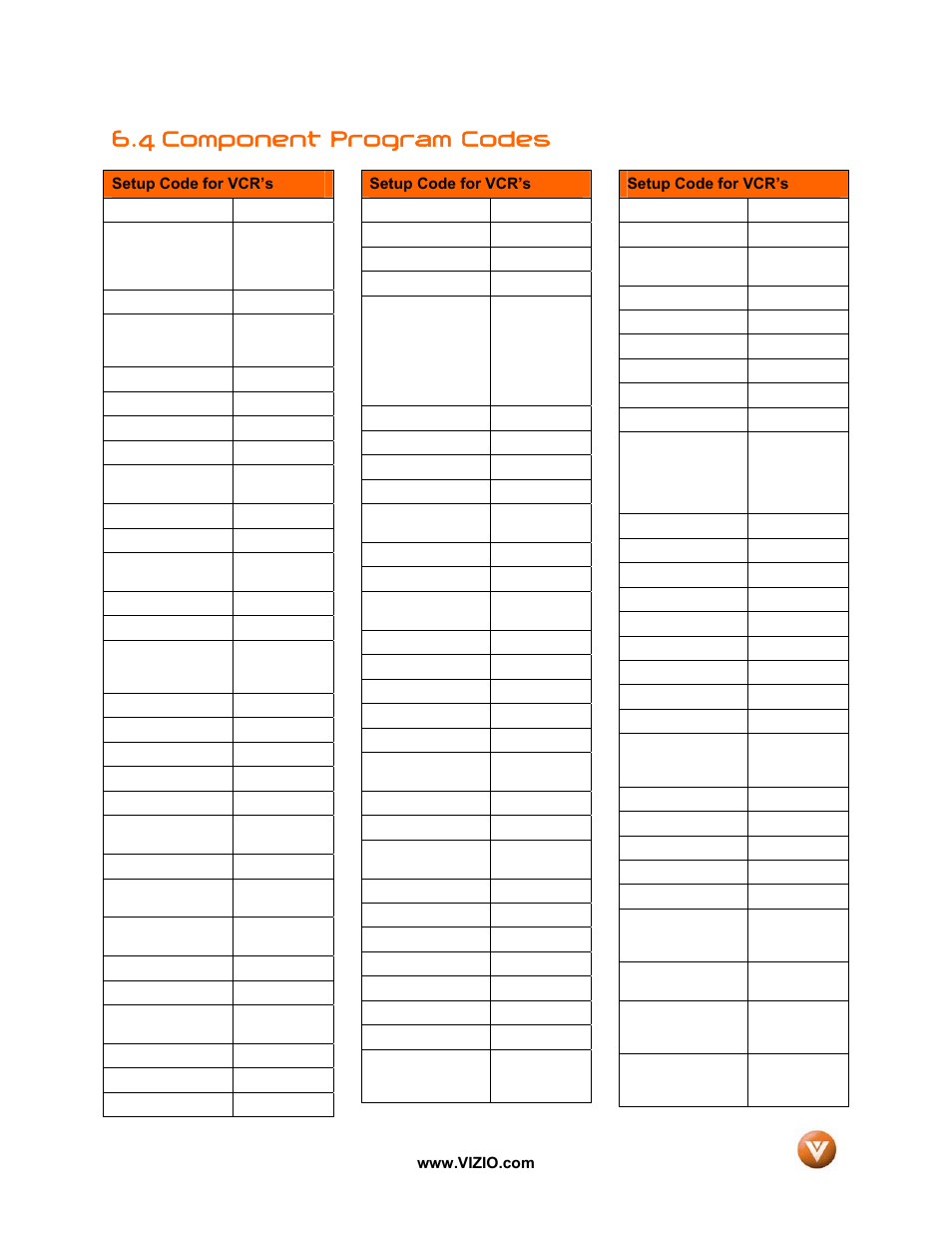 4 component program codes | Vizio GV52L FHDTV10A User Manual | Page 73 / 80