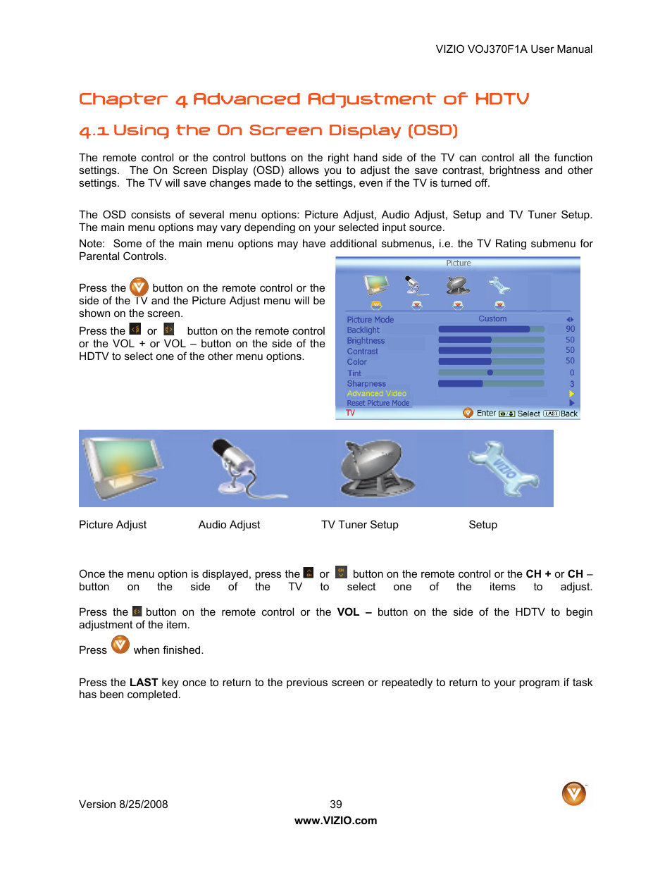 Chapter 4 advanced adjustment of hdtv, 1 using the on screen display (osd) | Vizio VOJ370F1A User Manual | Page 39 / 76