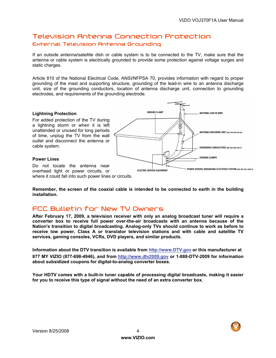 Television antenna connection protection, Fcc bulletin for new tv owners | Vizio VOJ370F1A User Manual | Page 4 / 76