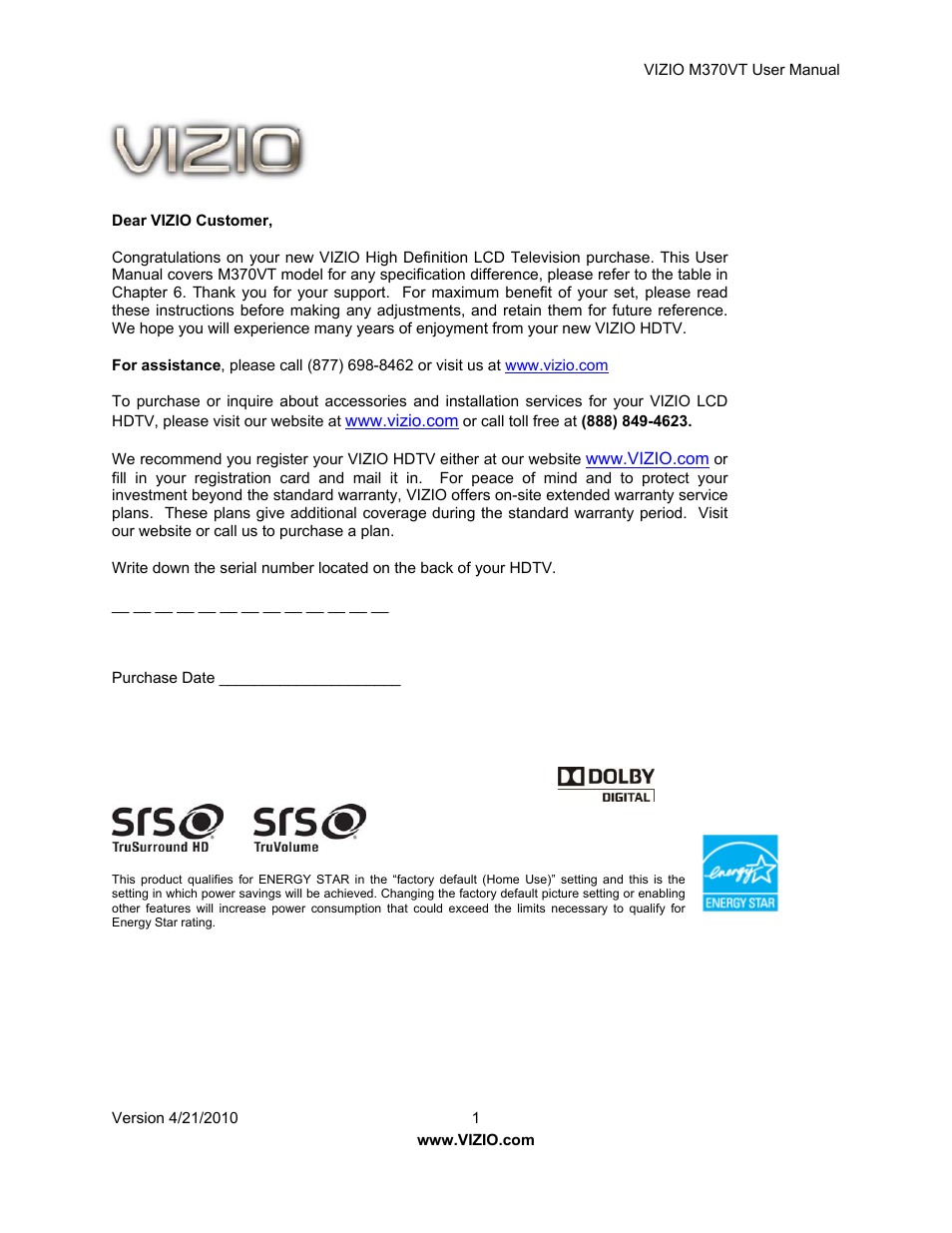 Vizio M370VT User Manual | 86 pages