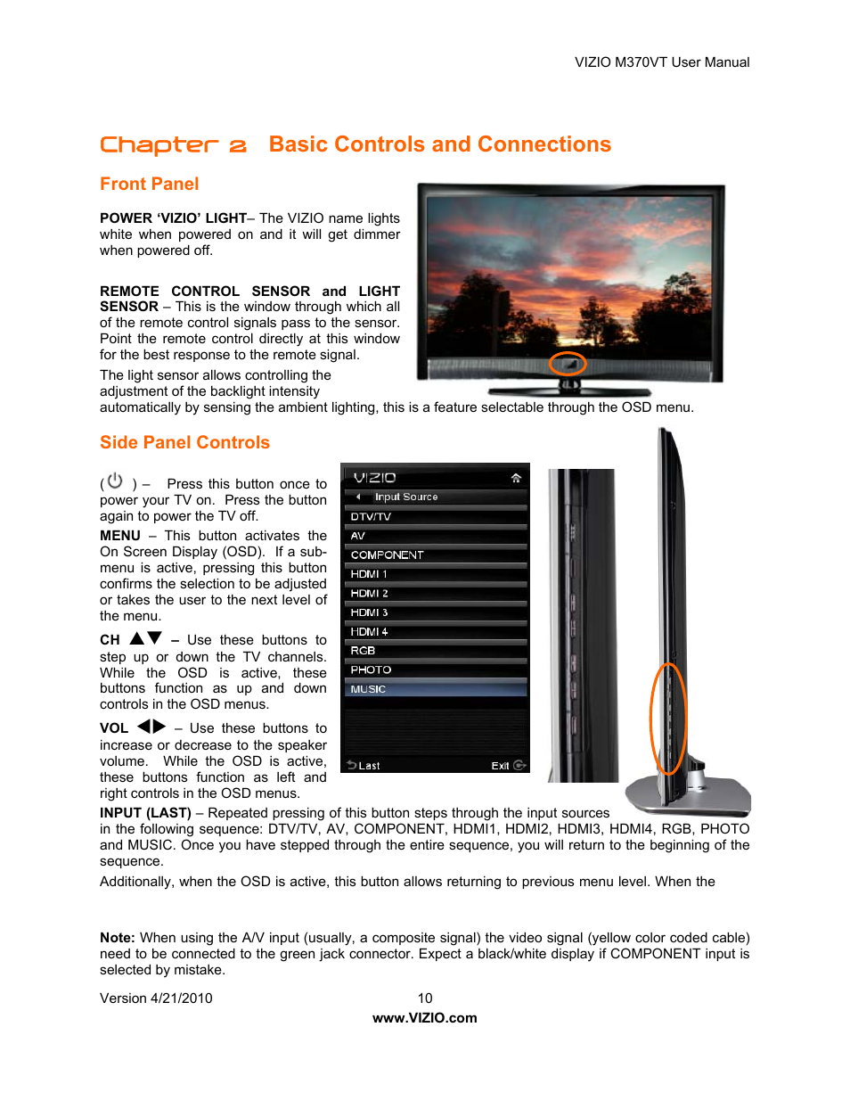 Chapter 2, Basic controls and connections, Front panel | Side panel controls | Vizio M370VT User Manual | Page 10 / 86