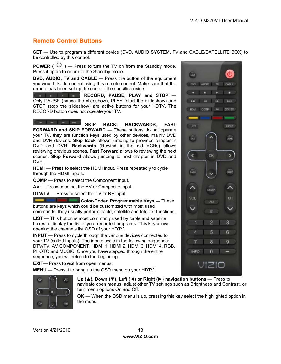 Remote control buttons | Vizio M370VT User Manual | Page 13 / 86