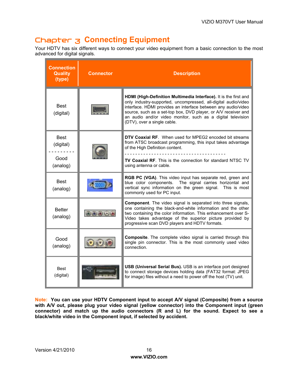 Connecting equipment, Chapter 3 | Vizio M370VT User Manual | Page 16 / 86