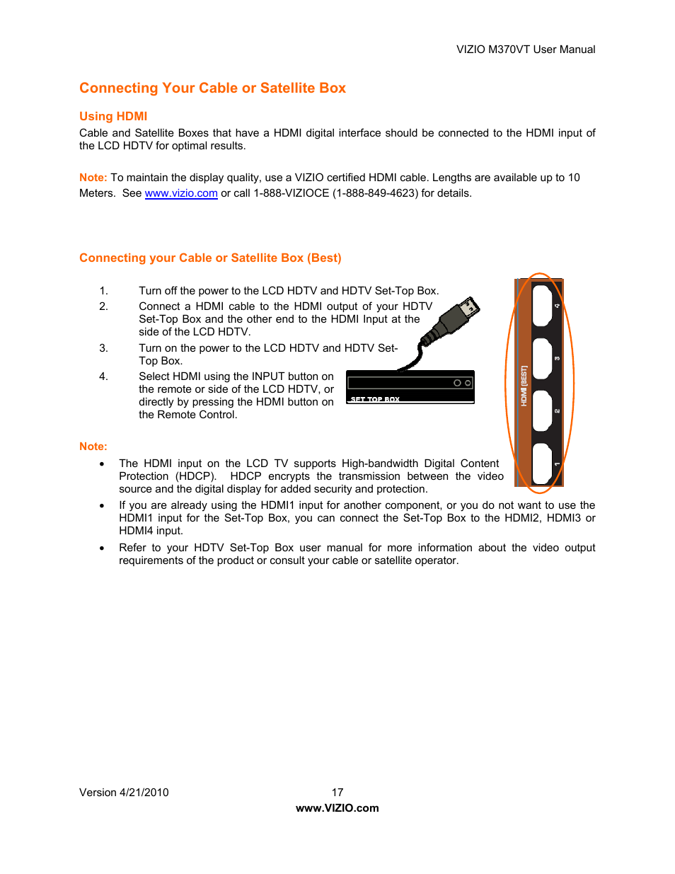 Connecting your cable or satellite box | Vizio M370VT User Manual | Page 17 / 86